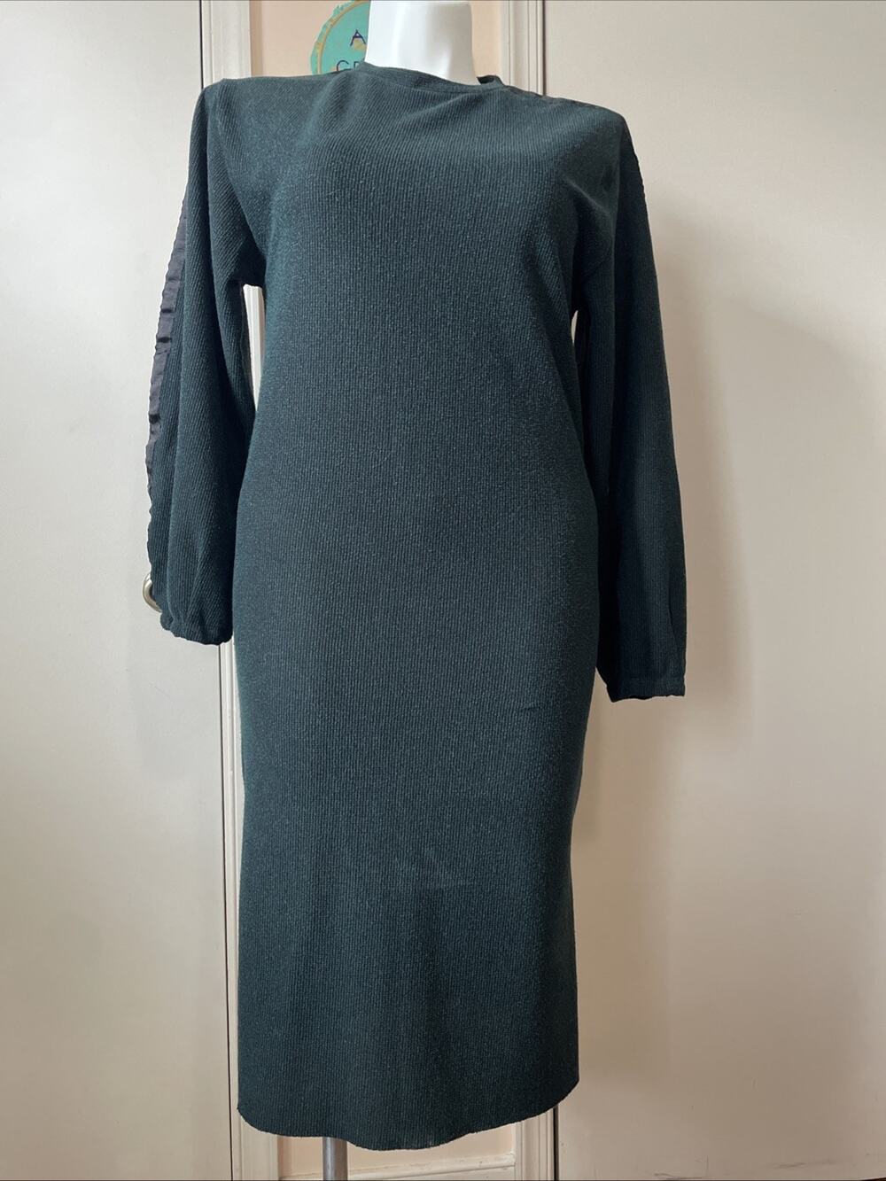Zara Trafaluc Deep Green Long Sleeve Maxi Dress M Stretch Crew Neck